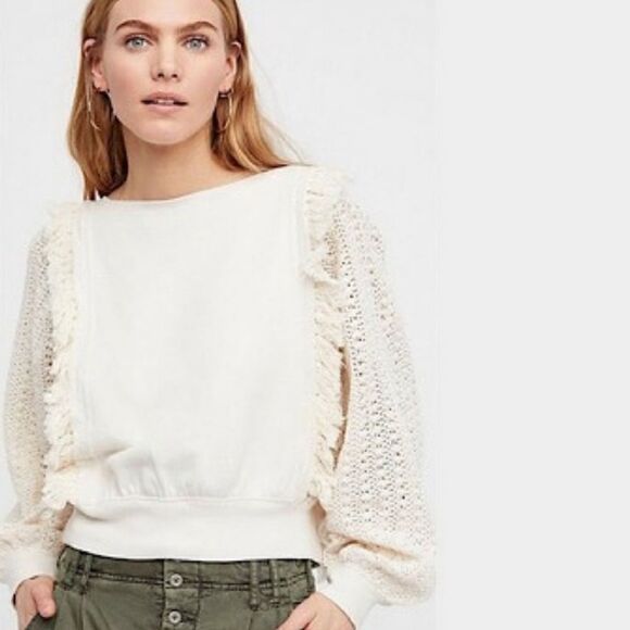 Free People Faff & Fringe Pullover Sweater Cream Crotchet - Picture 5 of 14